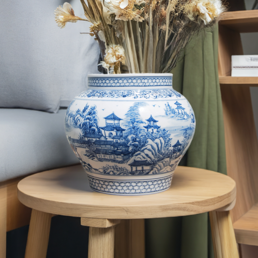 Blue and White Chinoiserie Porcelain Willow Vase