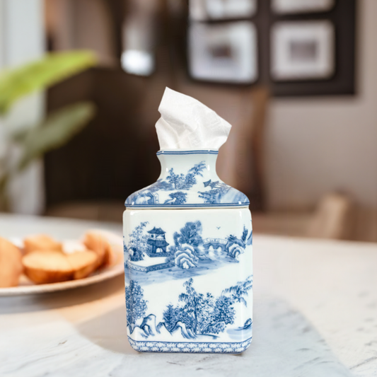 Chinoiserie Porcelain Tissue Box Cover in Blue and White
