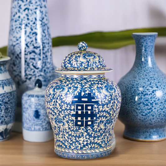 Blue and White Double Happiness Temple Jar